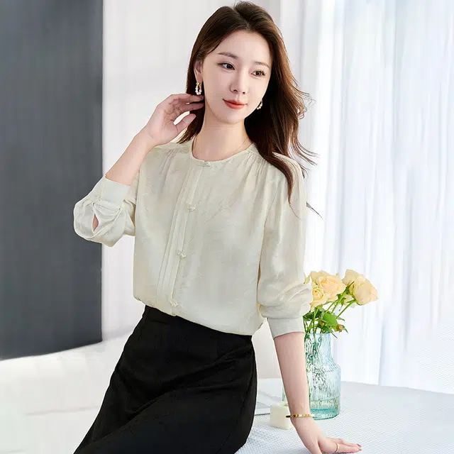 水墨佳人 桑波缎面长袖提花衬衫 女款 香槟米