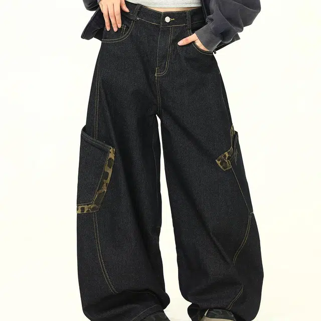 木清清 美式高街豹纹拼接大口袋宽松阔腿裤牛仔裤 女款