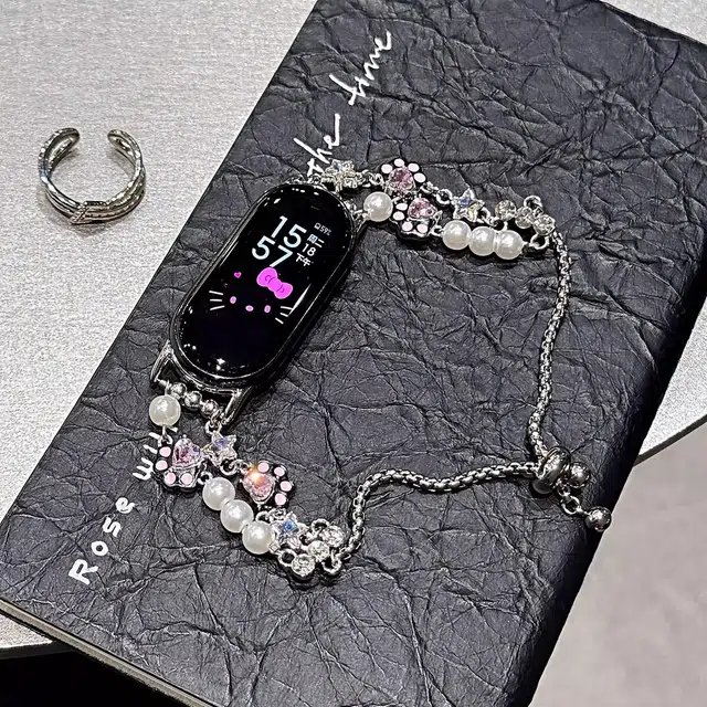 潮米勒 表带 小米红米适用 金属 串珠材质 可爱闪钻猫爪精致简约表链女男通用