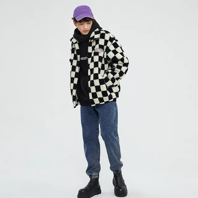 美特斯邦威 国潮撞色棋盘格加厚棉服 男款