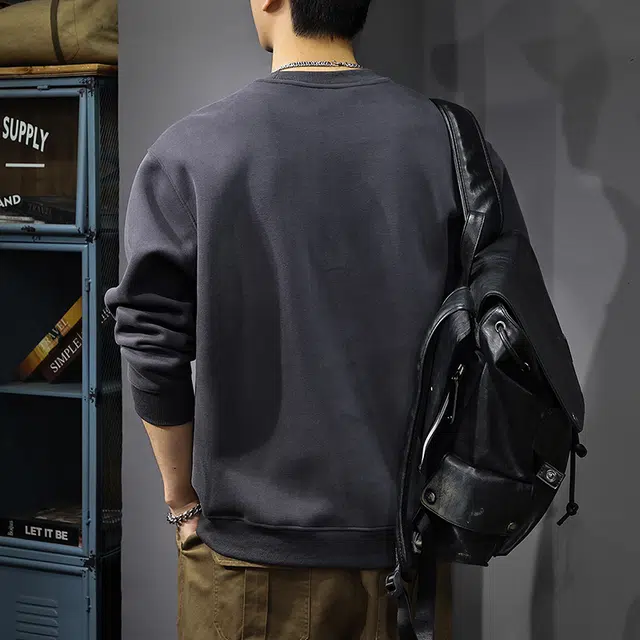 前进牛 秋季美式复古经典潮流潮牌痞帅百搭重磅极简风休闲内搭户外打底衫宽松圆领长袖上衣卫衣 男款