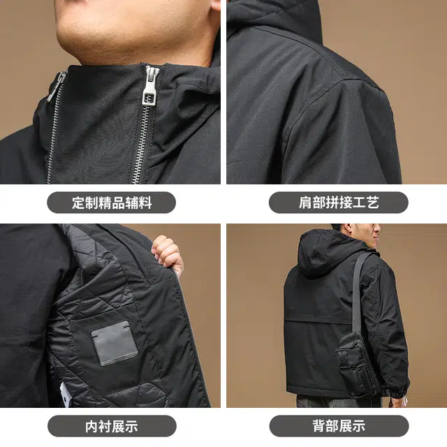 季言 薄款棉衣连帽防风保暖工装潮牌痞帅炸街高级感棉服 男款 黑色