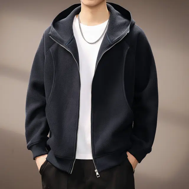 贵色 高端美式复古连帽纯色简约百搭绒感外套 男女同款