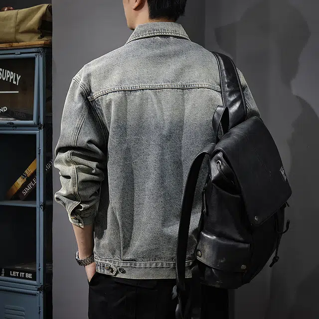 前进牛 秋季美式休闲经典复古潮牌高街极简风多口袋重磅水洗痞帅潮流城市户外宽松大码工装风牛仔外套 男款