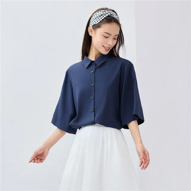 佐丹奴 纯色休闲梭织五分袖衬衫 女款