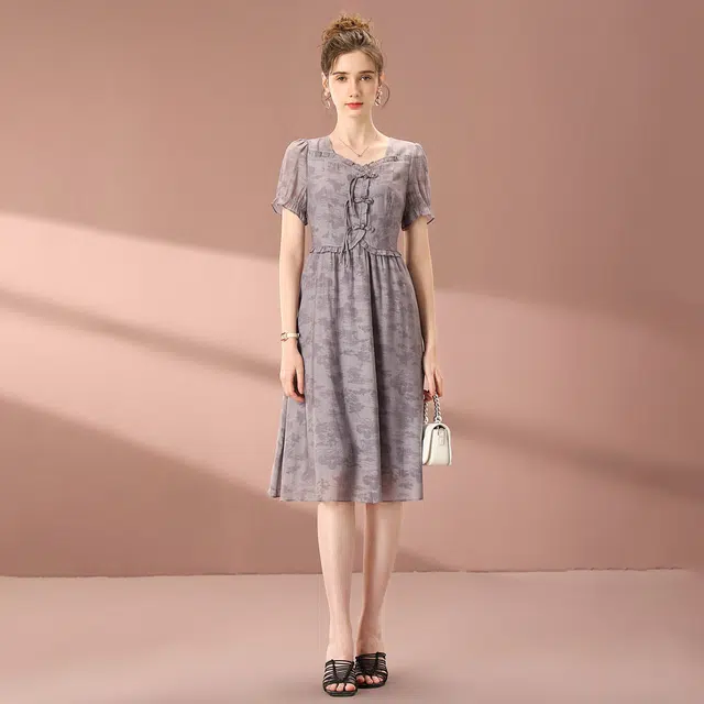 粉红玛琍 春,夏,秋 盘扣短袖连衣裙 收腰 女款 灰色