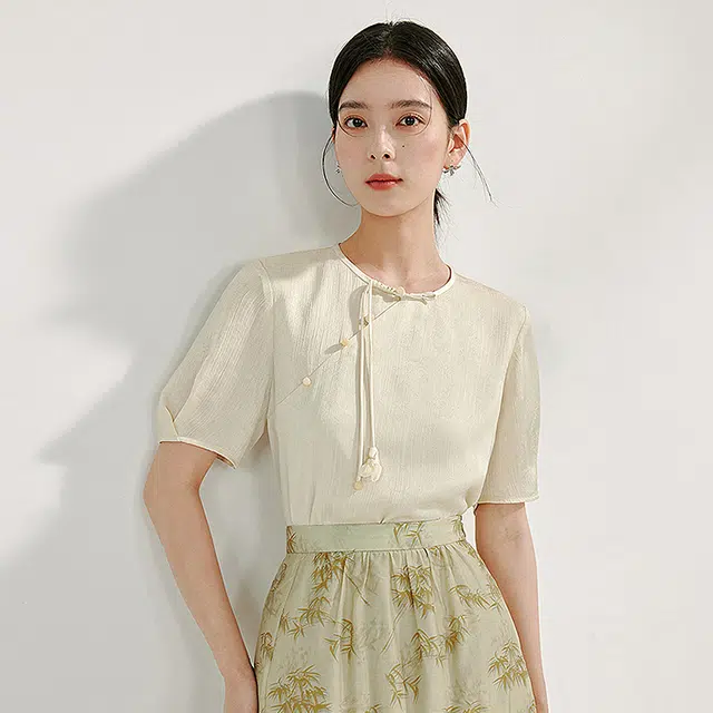 茵曼 圆领纯色短袖衬衫 女款 梨花杏