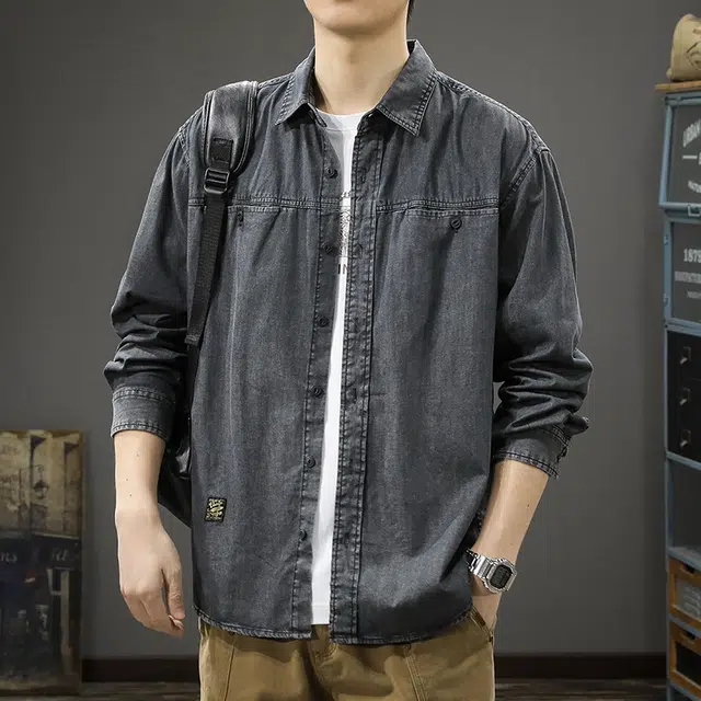 前进牛 秋季美式休闲复古潮牌经典老钱风水洗做旧潮流高街痞帅百搭大码工装翻领长袖牛仔外套 男款