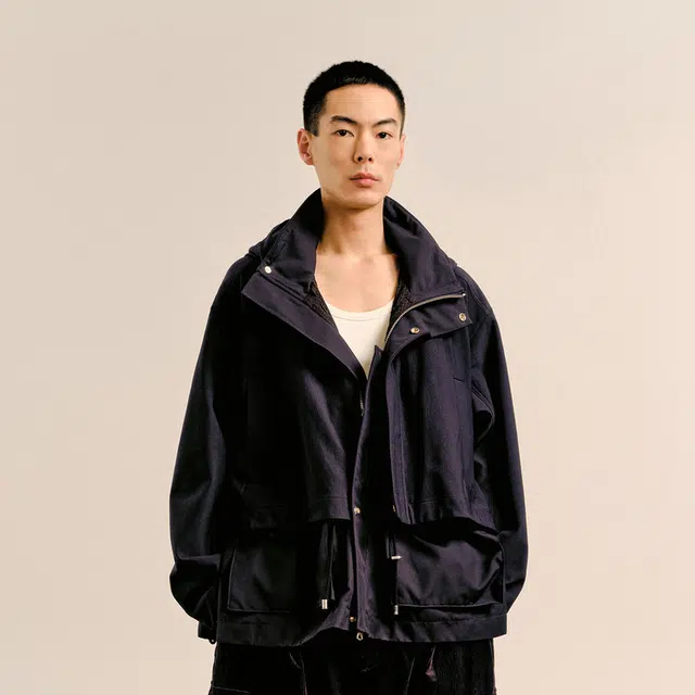 速写 时尚休闲连帽简约宽松长袖夹克外套 男款 黑藏青