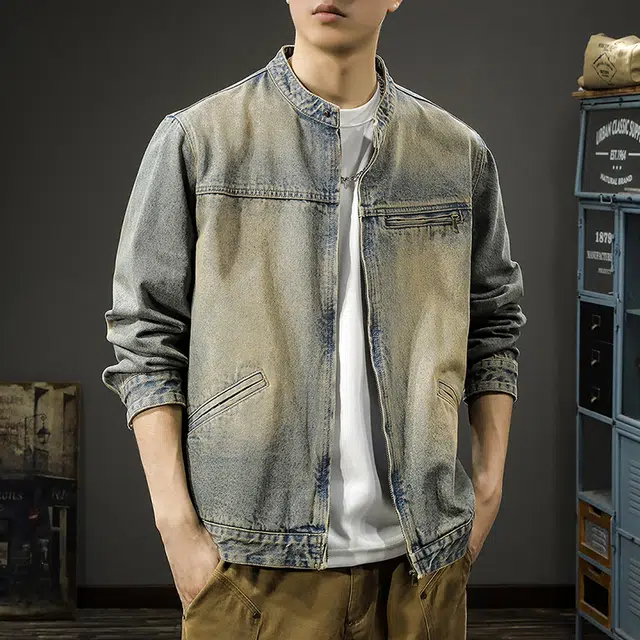 前进牛 秋季美式复古街头黄泥染重磅水洗短款夹克男机能风潮流嘻哈立领外穿秋冬休闲男牛仔外套 男款