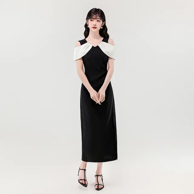 水中花 法式时尚气质开叉设计感小众露肩长裙优雅收腰无袖连衣裙 女款