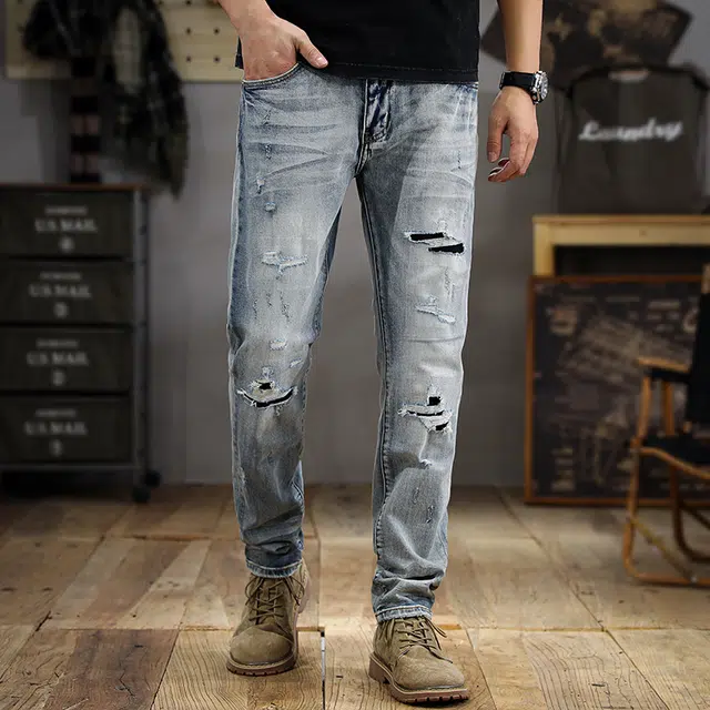 遨宇 秋季美式经典复古潮流潮牌修身极简风直筒水洗做旧休闲户外百搭机车长裤牛仔裤 男款