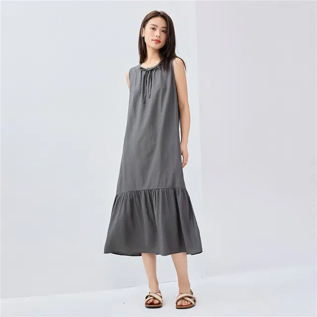 佐丹奴 度假风绑带圆领荷叶边无袖连衣裙 女款