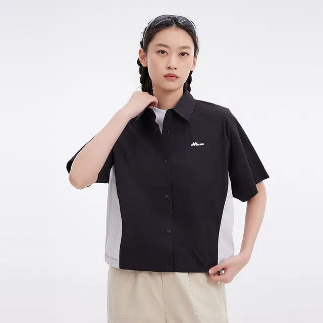 美特斯邦威 宽松舒适拼色短袖衬衫 女款