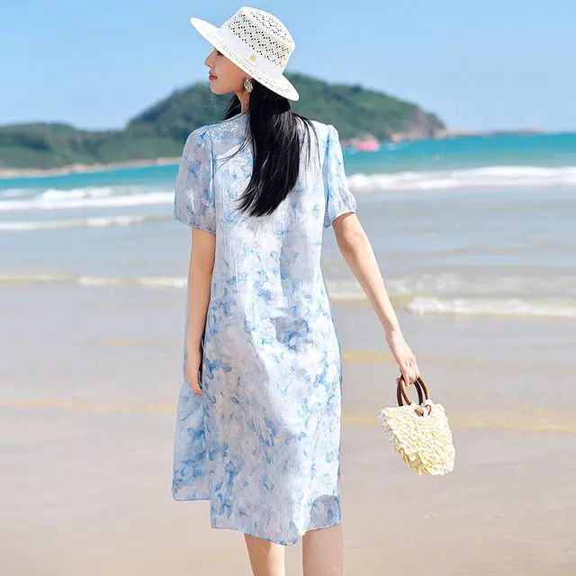 玖姿安娜蔻 欧若风度假手绘晕染花卉显瘦收腰短袖连衣裙 女款