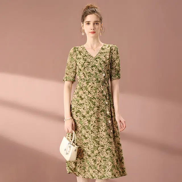 粉红玛琍 春,夏,秋 轻薄短袖连衣裙 收腰 女款 绿色