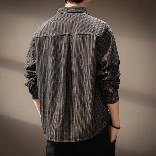 贵色 美式重磅复古时尚潮流条纹长袖工装风潮牌拼接口袋设计休闲百搭衬衫 男女同款