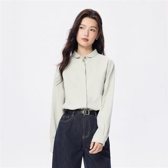 佐丹奴 法兰绒衬衣极简通勤纯棉小翻领长袖衬衫 女款