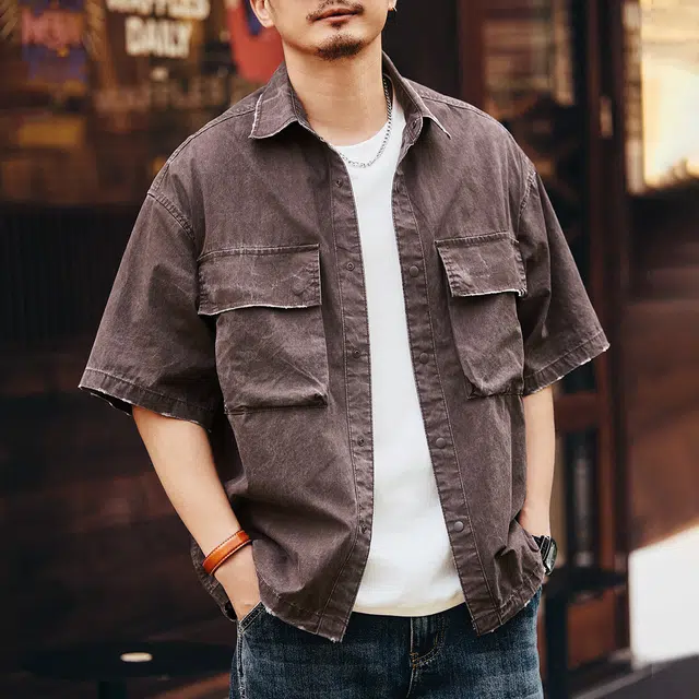 格蓝鹿 美式复古重磅水洗工装廓形休闲衬衣山系户外机能风工装潮流穿搭微弹舒适不闷热短袖衬衫 男女同款