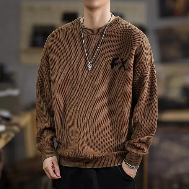 遨宇 美式复古高级感潮流极简风简约纯色重磅大码户外休闲针织衫 男女同款