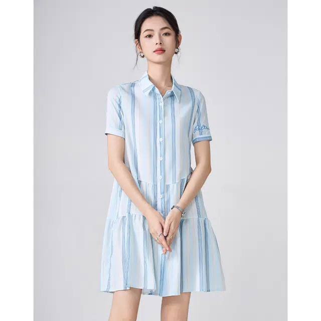 爱依莲 时尚舒适百搭短袖连衣裙 女款 蓝色