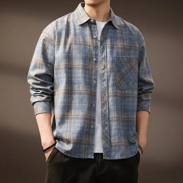 贵色 高端日系复古撞色设计感格子上衣牌衬衣外套长袖衬衫 男女同款