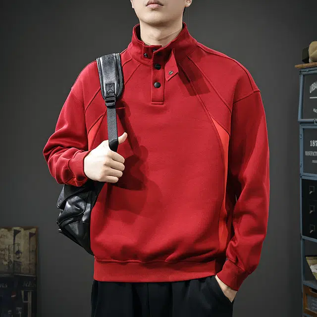 前进牛 美式复古经典潮流结构性立领极简风拼接撞色宽松大码休闲户外百搭长袖卫衣 男款