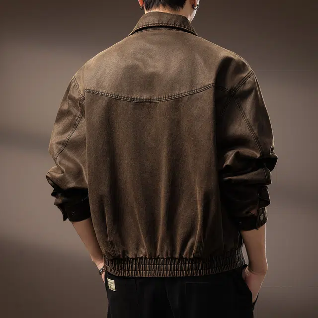 贵色 高端美拉德复古短款硬汉油蜡皮潮牌美式休闲痞帅机车风工装翻领做旧百搭夹克外套 男女同款