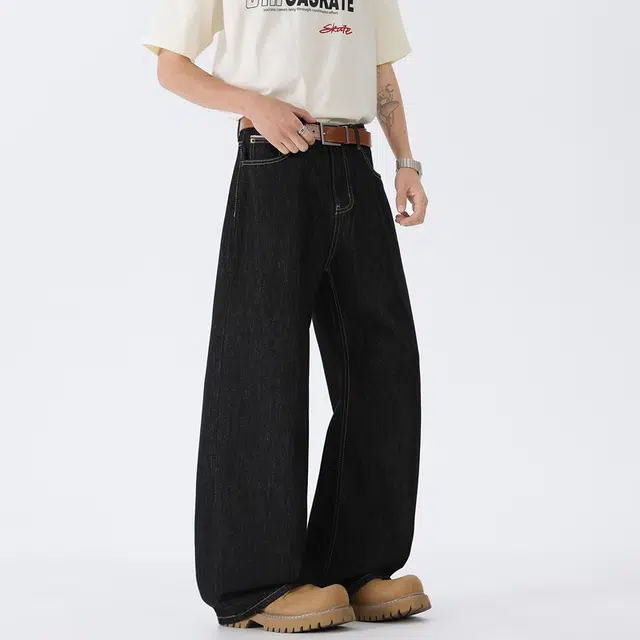 马员外 时尚百搭复古多口袋直筒宽松牛仔裤 男款