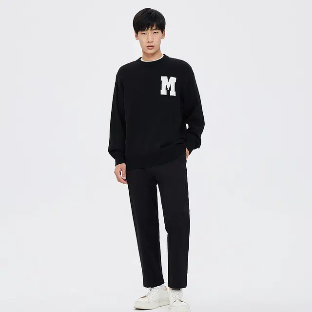 美特斯邦威 国潮纯色圆领胸前刺绣休闲宽松套头毛衫毛衣 男女同款