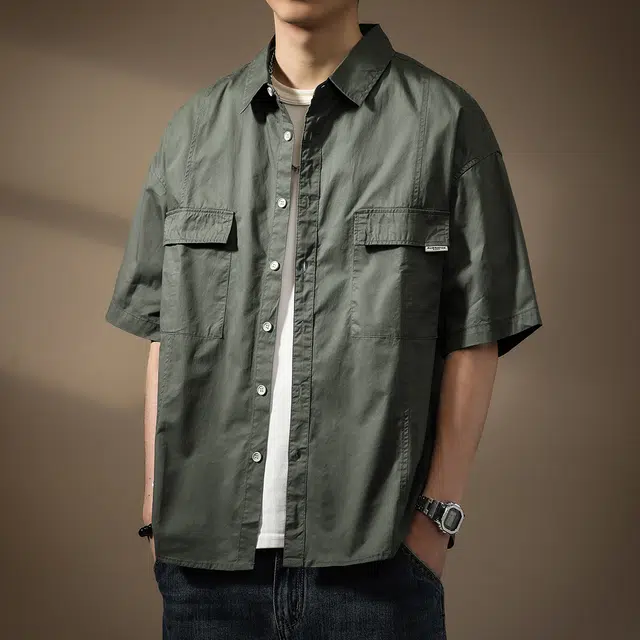 贵色 舒适慵懒薄款翻领百搭休闲衬衣美式时尚复古纯棉大码痞帅凉感冰丝工装短袖衬衫 男款