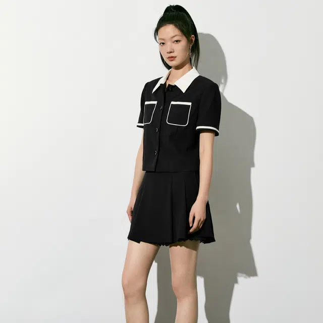 太平鸟 短袖小香风薄款外套气质短款上衣 女款 黑色