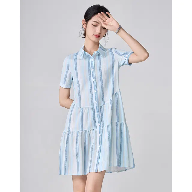 爱依莲 时尚舒适百搭短袖连衣裙 女款 蓝色