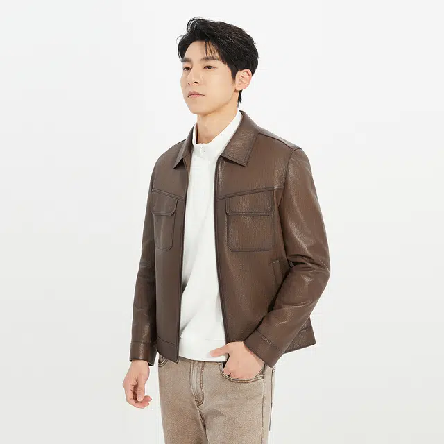 利郎 都市休闲纯色短款翻领质感百搭秋季皮衣 男款
