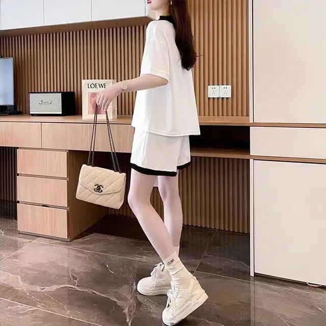 纤丝鸟 宽松运动简约舒适时尚纯棉短袖短裤两件套休闲套装 女款