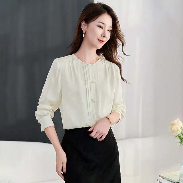 水墨佳人 桑波缎面长袖提花衬衫 女款 香槟米