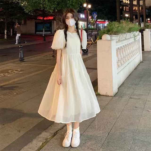 纤丝鸟 韩版时尚气质温柔风收腰短袖连衣裙 女款