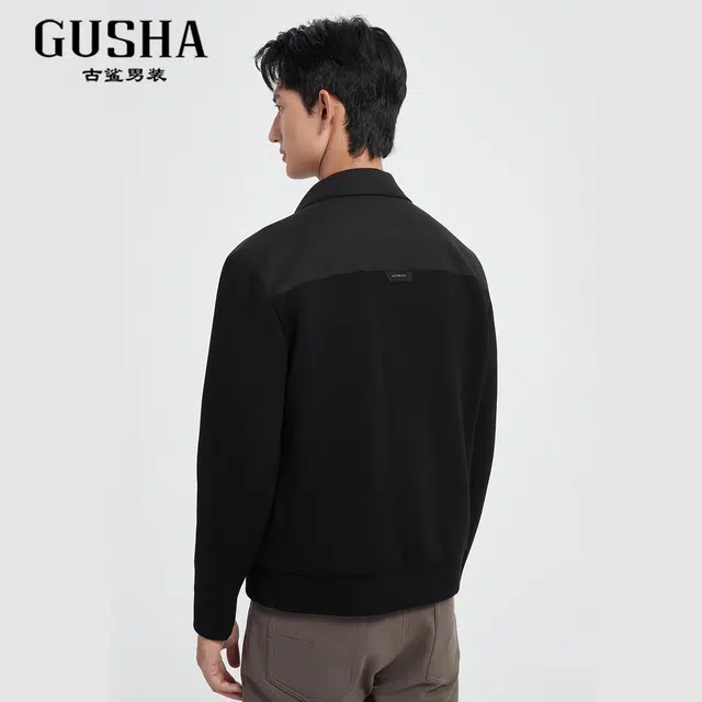 古鲨 针织拼接麂皮商务时尚翻领外套行政夹克 男款