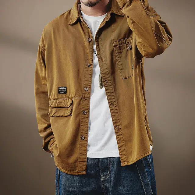 贵色 高端美式复古潮牌长袖设计感拼接口袋休闲工装夹克外套衬衫 男女同款