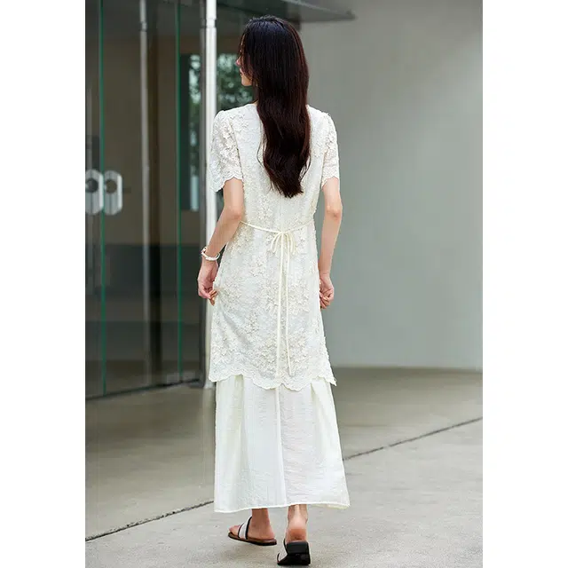 欧昵雪 高级感重工提花蕾丝裙子高级感气质短袖连衣裙 女款