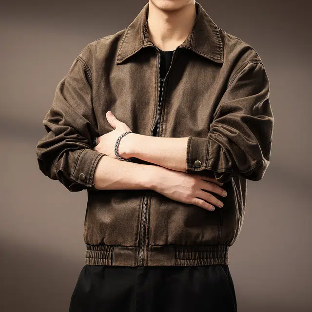 贵色 高端美拉德复古短款硬汉油蜡皮潮牌美式休闲痞帅机车风工装翻领做旧百搭夹克外套 男女同款