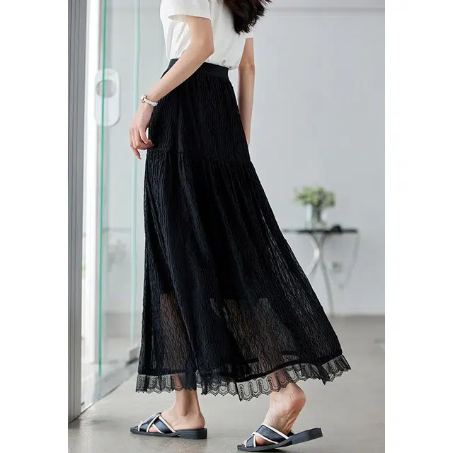 欧昵雪 肌理提花蕾丝拼接半身裙百搭大摆伞裙休闲长裙 女款