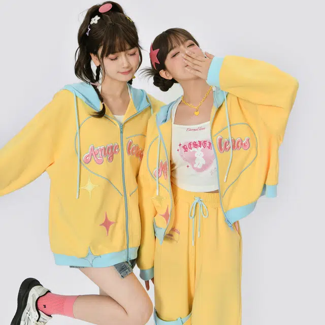 森女部落 原创多巴胺元气活力黄休闲连帽闺蜜装甜美帽衫卫衣 女款