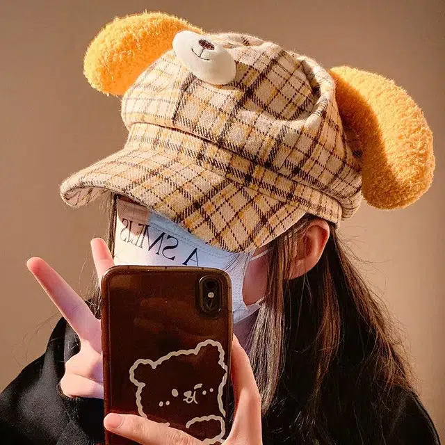 恩僾德 黄油小狗毛绒耳朵格纹八角帽女生秋冬季小众高颜值百搭可爱保暖显脸小日系报童帽 涤纶 鸭舌帽 男女同款情侣款