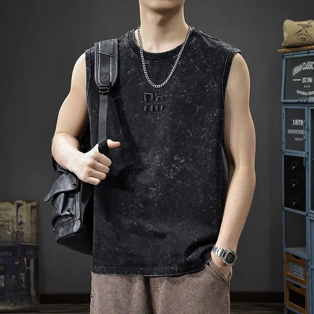 前进牛 美式潮牌雪花水洗印花运动痞帅高街宽松纯棉重磅无袖背心 男女同款