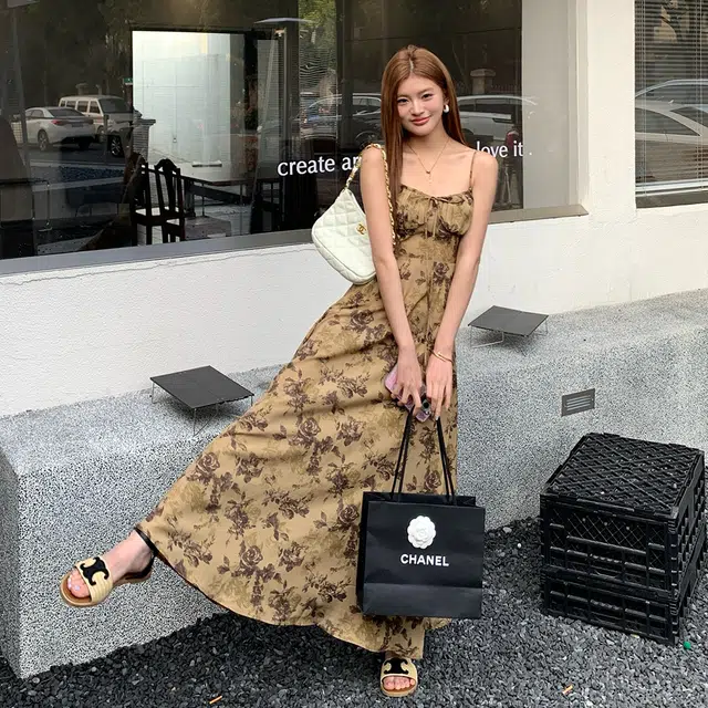 水中花 夏季 法式时尚复古水墨印花气质淑女修身显瘦吊带连衣裙 女款