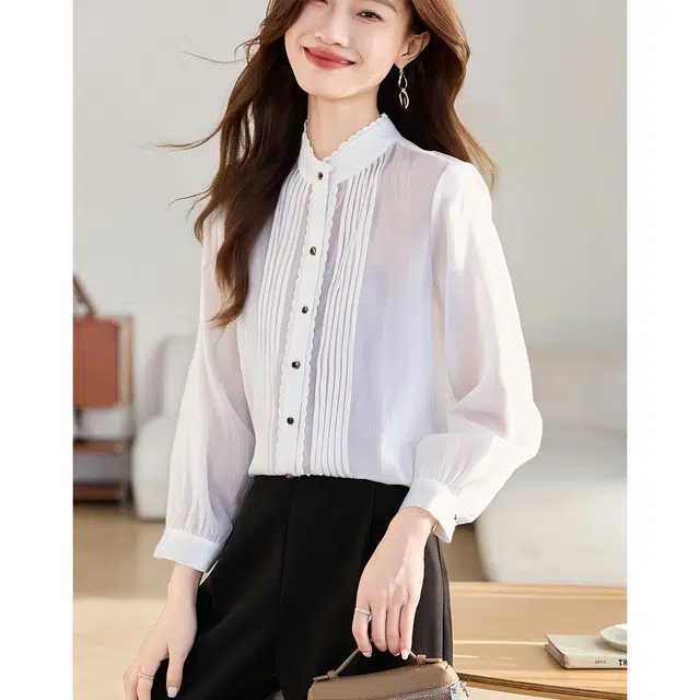 爱依莲 春,秋 时尚百搭别致设计感气质女神范通勤正装上衣长袖衬衣衬衫 宽松 女款