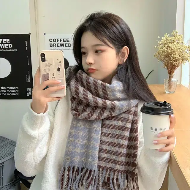 恩僾德 韩版流苏双面千鸟格加厚保暖 聚酯纤维 绒线围巾 男女同款情侣款