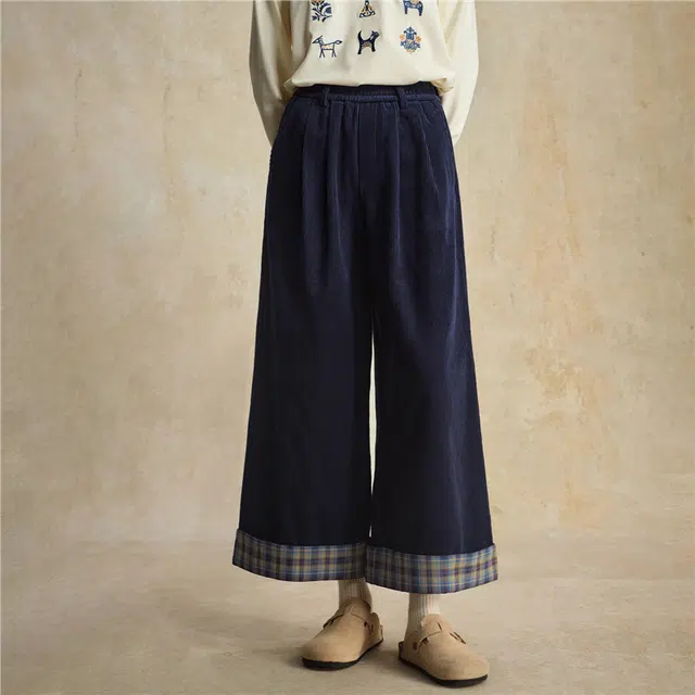 佐丹奴 纯棉灯芯绒拼接格纹松紧腰阔腿九分裤休闲裤 女款