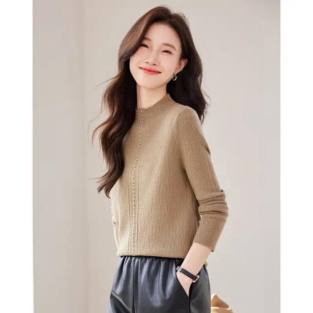 爱依莲 春秋款 时尚洋气半高领打底衫套头内搭上衣针织衫 女款 浅卡色